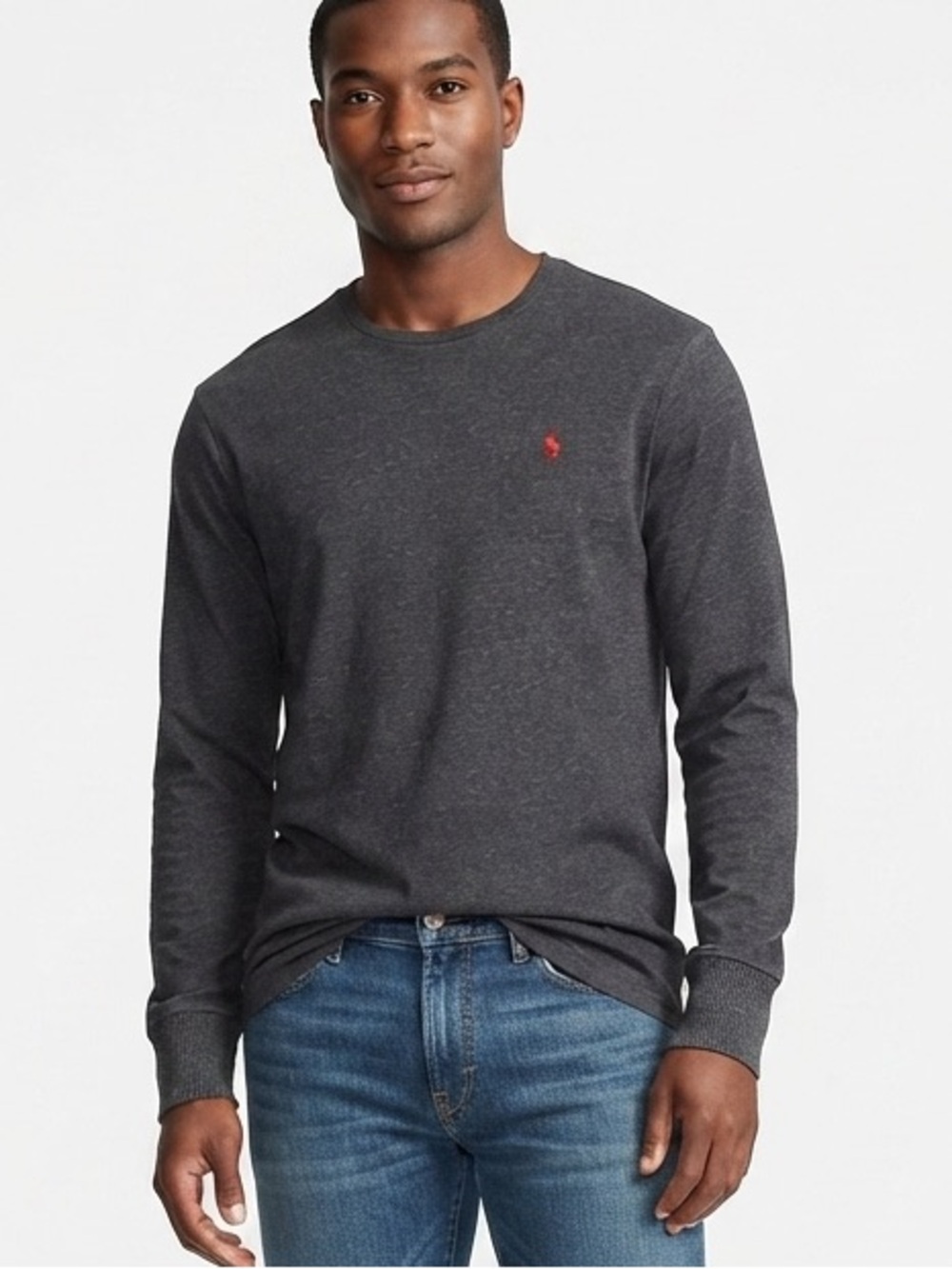 POLO Ralph Lauren Charcoal Gray Long-Sleeve Crewneck Tee 100% Cotton Red Logo L